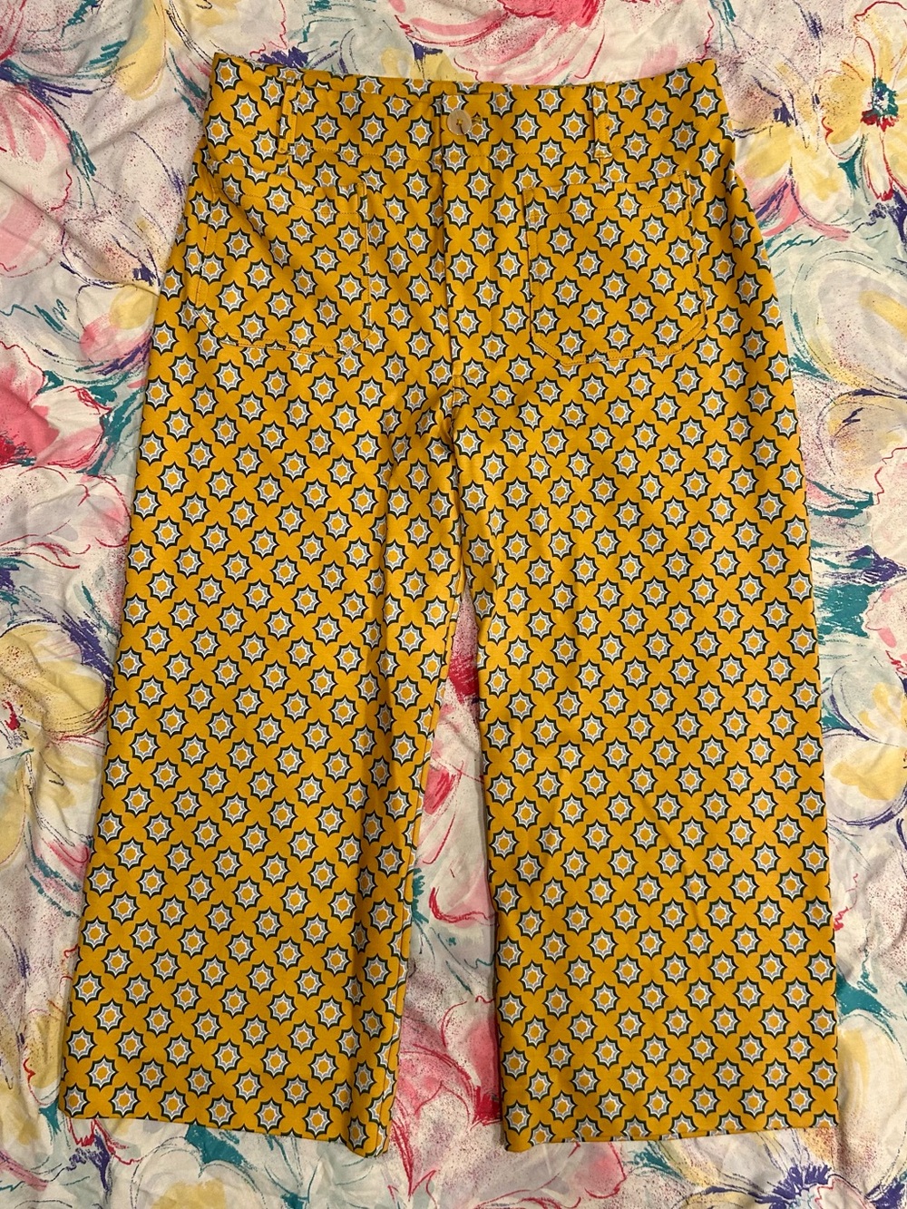 NWOT Maeve by Anthropologie Yellow Patterned Colette High Rise Cropped Pants